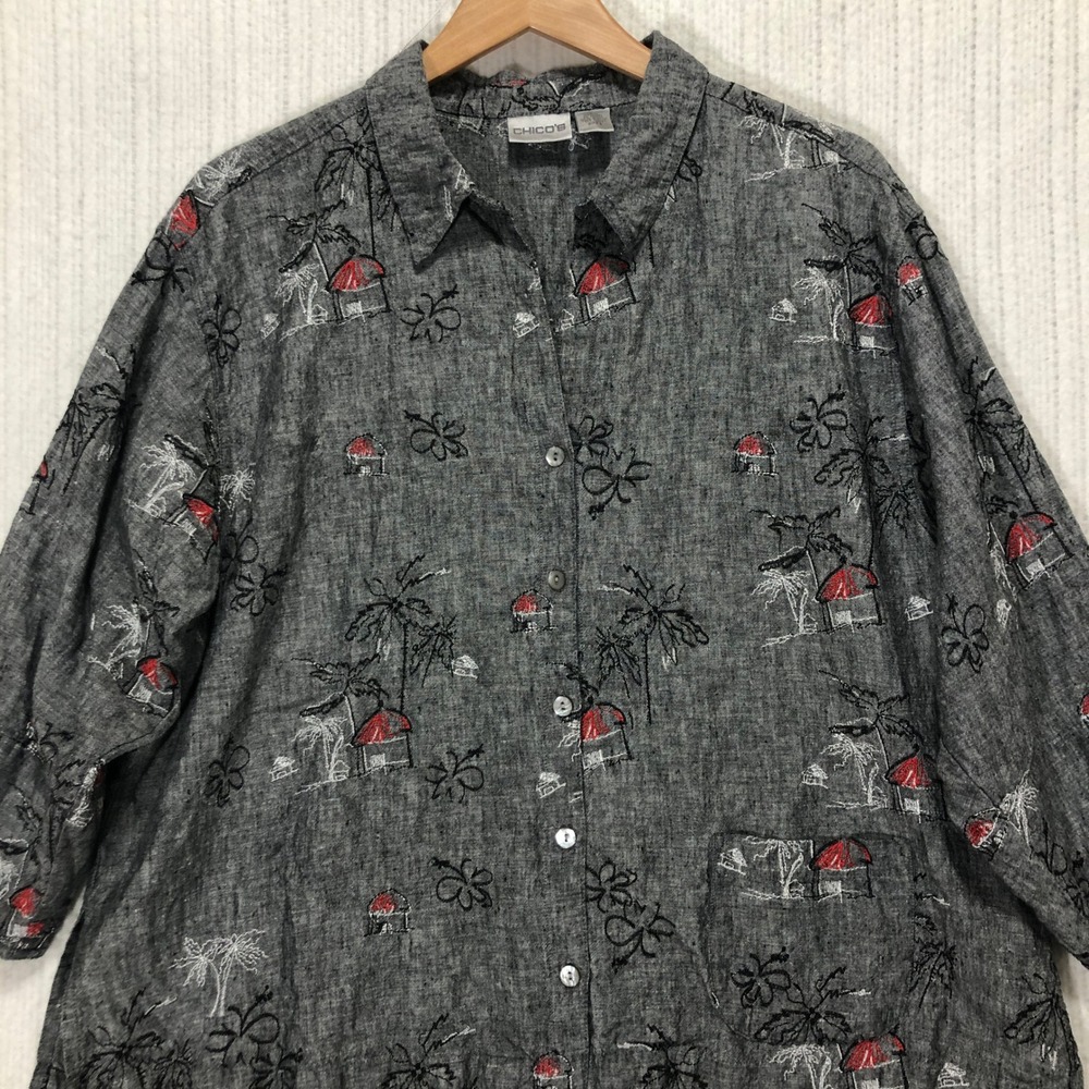 Chico's Tropical Print Button Down Shirt Beach Hut Cruise Vacation 3‎